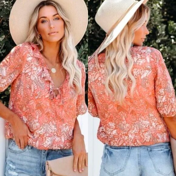 🌻 NEW VICI SAGE THE LABEL Spring Ruffle Floral Peach Coral Top Size Small - Picture 1 of 7